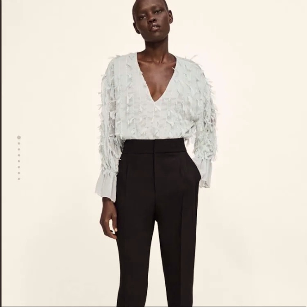 NWOT Zara Long Sleeve Semi Sheer Fringe Blouse Sage - XS